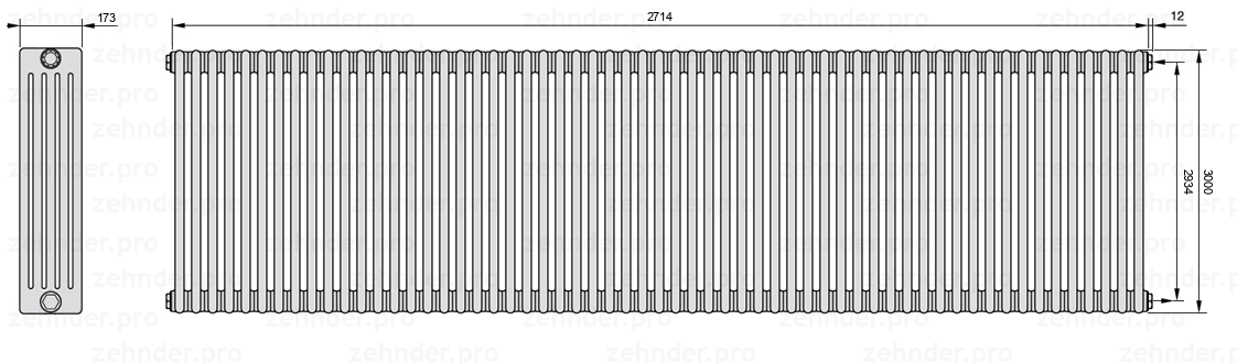 Схема (чертеж) Радиатор Zehnder Charleston 5300/59 №7610 Белый глянцевый RAL 9016